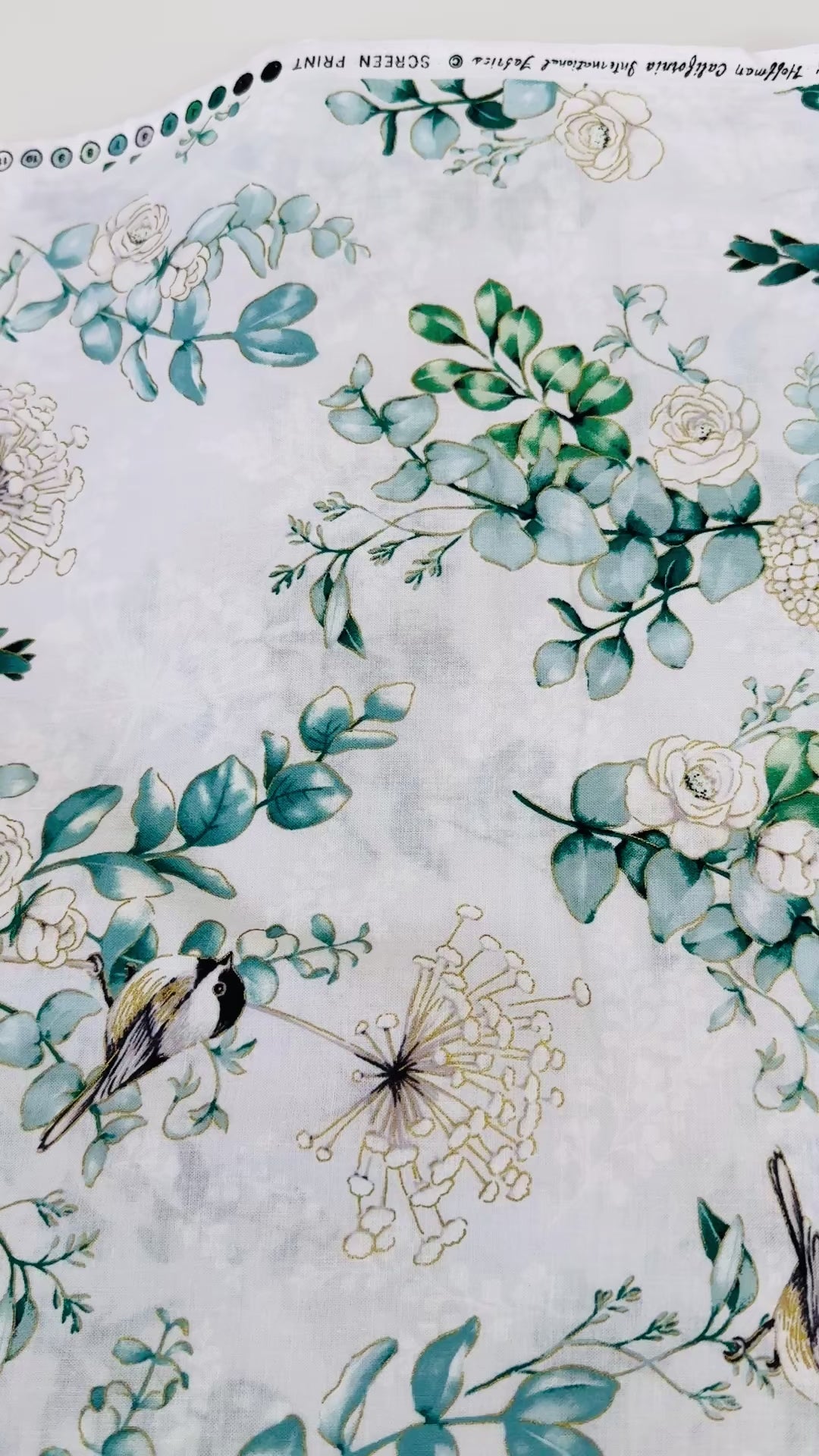 Chickadee Cheer – Chickadees and Flowers Natural with Gold Metallic Fabric by Hoffman Fabrics