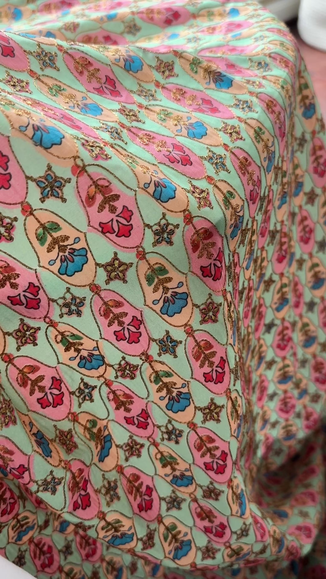 Floral Printed Artificial Raw Silk with Gold Thread Embroidery