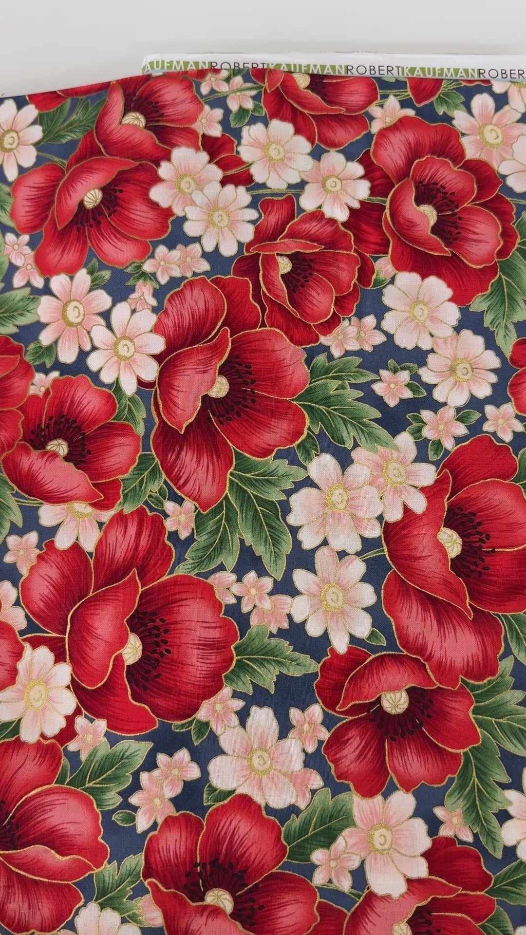 Blue metallic floral quilting cotton fabric with red poppy bouquets by Studio RK.