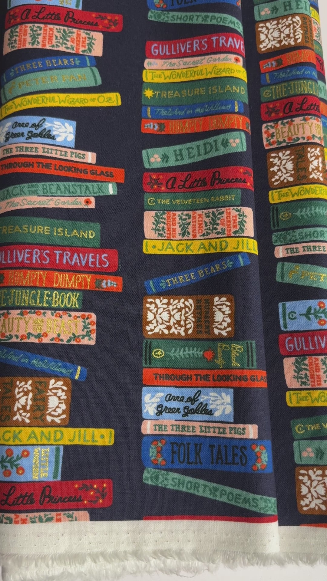 Curio Book Club Navy Canvas Metallic Fabric by Rifle Paper Co. for Cotton + Steel – bookshelf print with metallic accents on deep navy cotton-linen canvas.