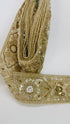 Gold embroidered lace trim with floral beadwork and sequin details for garment borders and crafts
