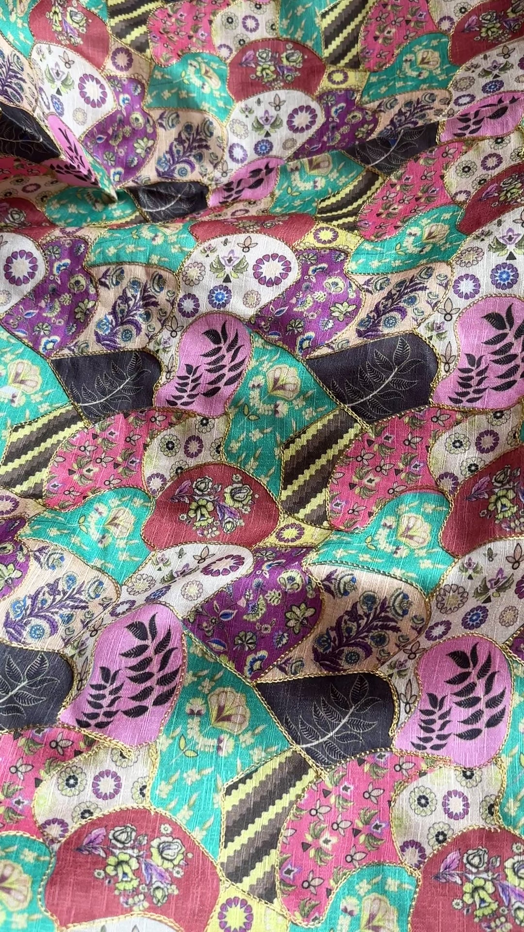 Printed Artificial Raw Silk with Embroidery Fabric