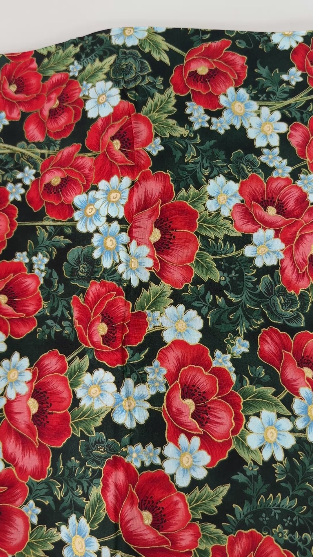 Forest green metallic floral quilting cotton fabric with red poppies by Studio RK.