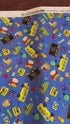 Blue School Rules cotton fabric featuring school buses, crayons, apples, chalkboards and classroom supplies by Blank Quilting.