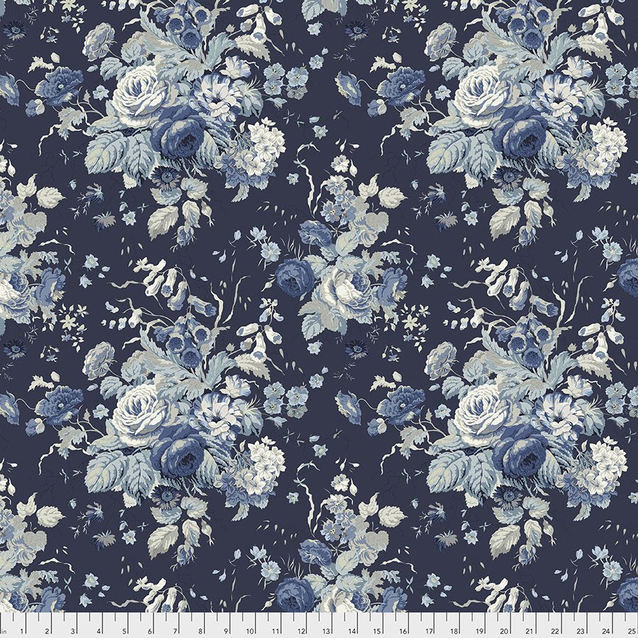 Blue and ivory floral bouquets with roses on a navy background cotton fabric, Stapleton Park Blue from the Sanderson Vintage Collection by FreeSpirit Fabrics.