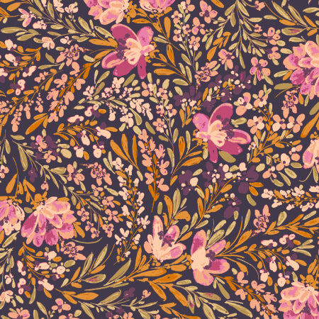 Pink and mauve wildflowers with golden foliage on a deep plum background, Flowers In The Breeze Pink Dawn cotton fabric by RJR Fabrics.