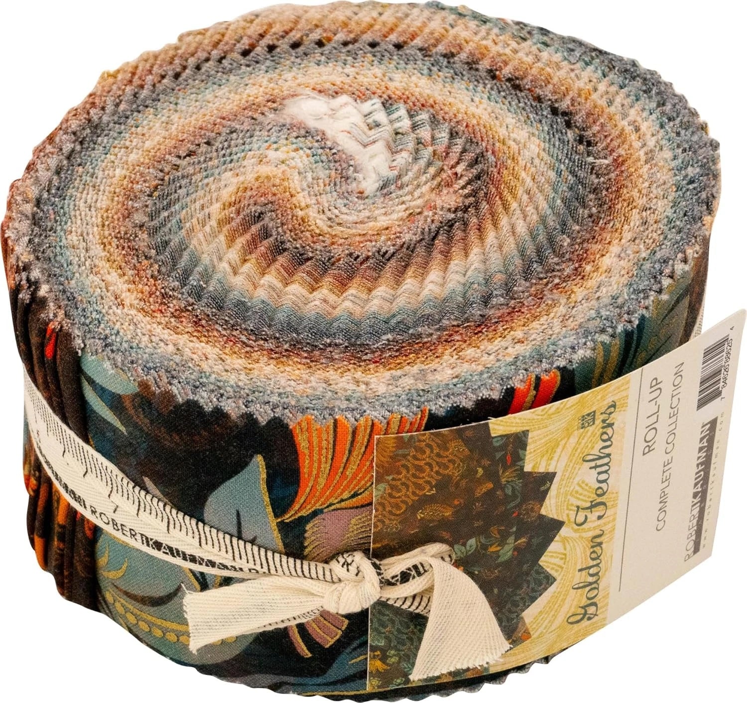 Golden Feathers Roll Up (Jelly Roll) by Studio RK for Robert Kaufman featuring 40 metallic 2.5-inch quilting cotton strips with coordinating bird, feather, foliage, and paisley prints in navy, teal, parchment, saffron, cayenne, peacock, and other jewel-tone colorways.