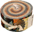 Golden Feathers Roll Up (Jelly Roll) by Studio RK for Robert Kaufman featuring 40 metallic 2.5-inch quilting cotton strips with coordinating bird, feather, foliage, and paisley prints in navy, teal, parchment, saffron, cayenne, peacock, and other jewel-tone colorways.