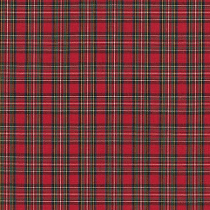Red tartan plaid cotton fabric with green and cream stripes by Robert Kaufman