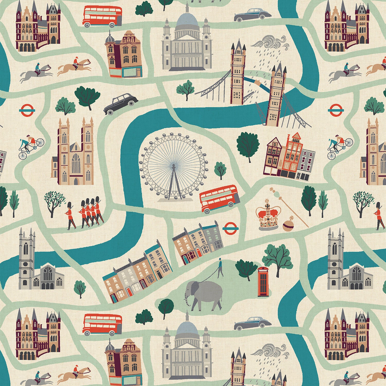 London Town London Forever White Unbleached Fabric by Sara Mulvanny for Cotton + Steel – illustrated city map print with London landmarks.