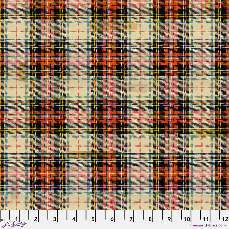 Holidays Past Lodge Multi Flannel Fabric by Tim Holtz featuring a classic holiday plaid pattern in cream, black, red, orange, and green tones.