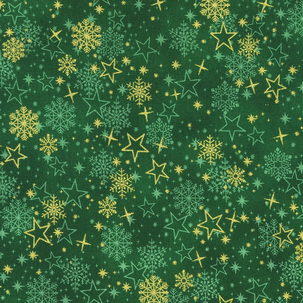 Traditional Trimmings - Gold Stars Snowflakes on Evergreen Yardage