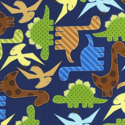 Colorful dinosaurs on navy fabric from Urban Zoologie by Robert Kaufman