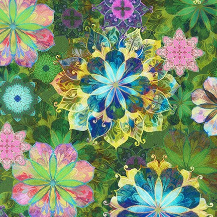 Venice Florals Garden cotton fabric by Christiane Marques for Robert Kaufman featuring colorful watercolor flowers on a lush green botanical background, ideal for quilting, apparel, bags and home décor.