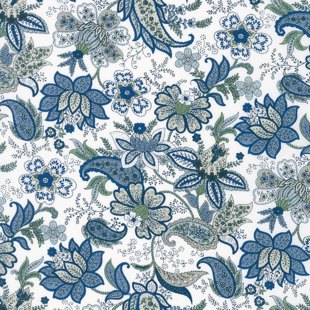 Vintage Fleur Floral White quilting fabric by Sevenberry for Robert Kaufman featuring blue and green vintage floral bouquets and paisley designs on a white premium Japanese cotton background.