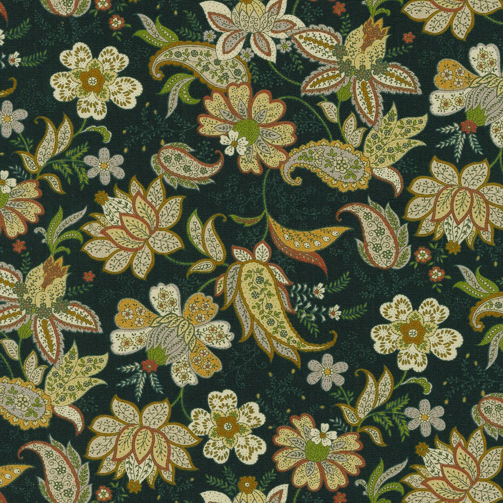 Vintage Fleur Floral Black quilting fabric by Sevenberry for Robert Kaufman featuring ivory, sage green, mustard, and terracotta floral bouquets with paisley motifs on premium Japanese cotton.