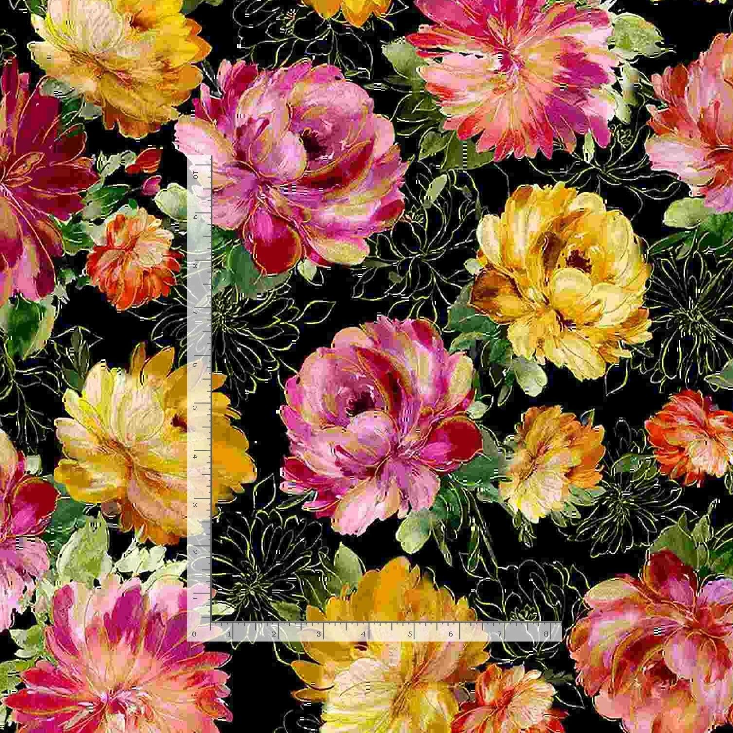 Felicity - Medium Metallic Peonies on Black by Timeless Treasures