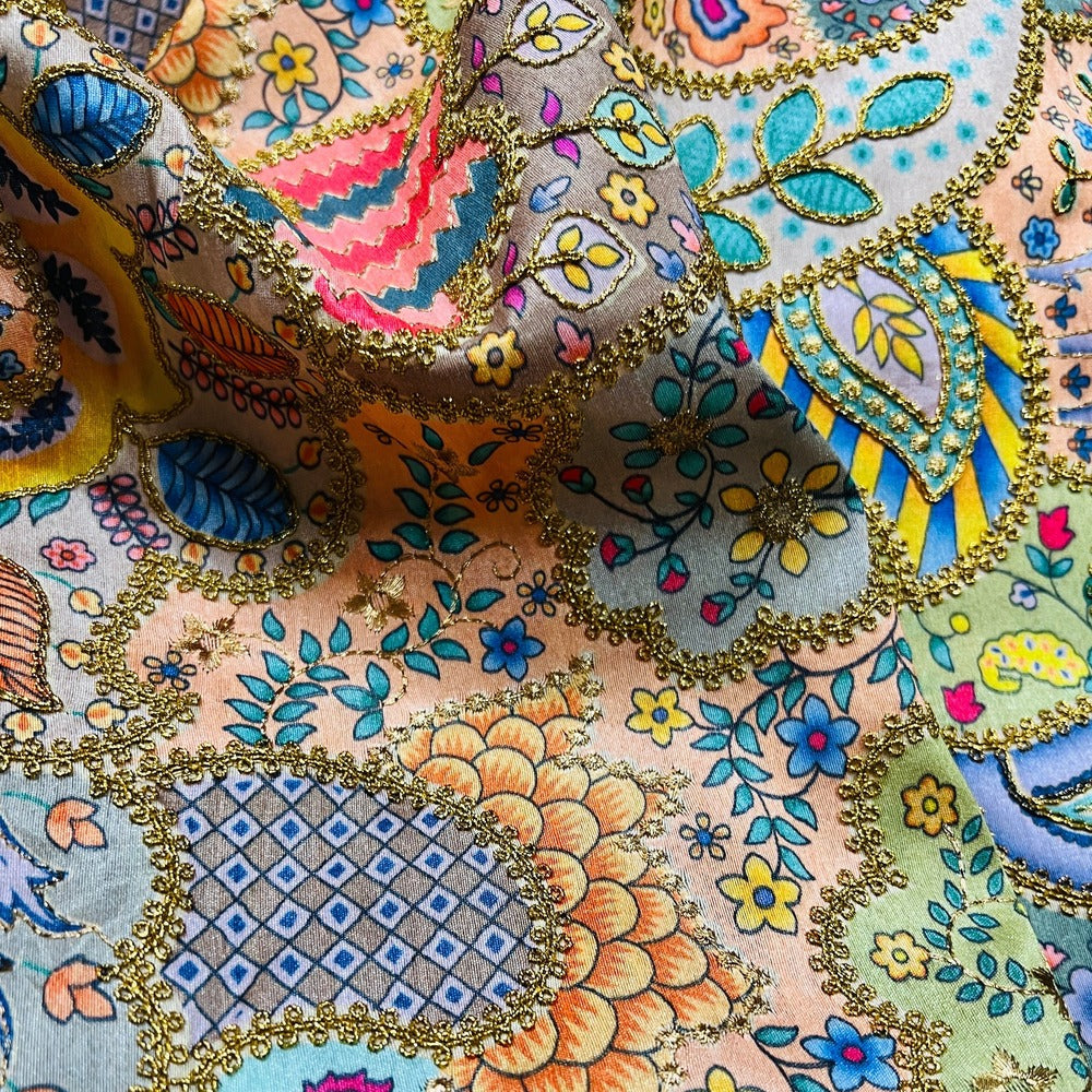 Multicolor Artificial Raw Silk Embroidered