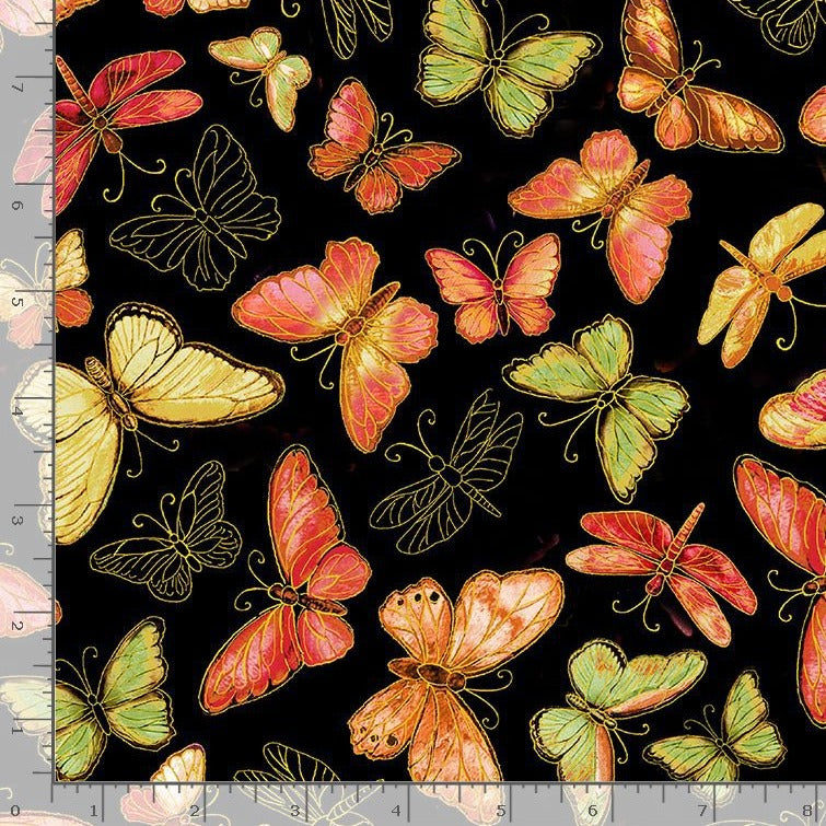 Felicity - Gold Metallic Butterflies on Black by Timeless Treasures