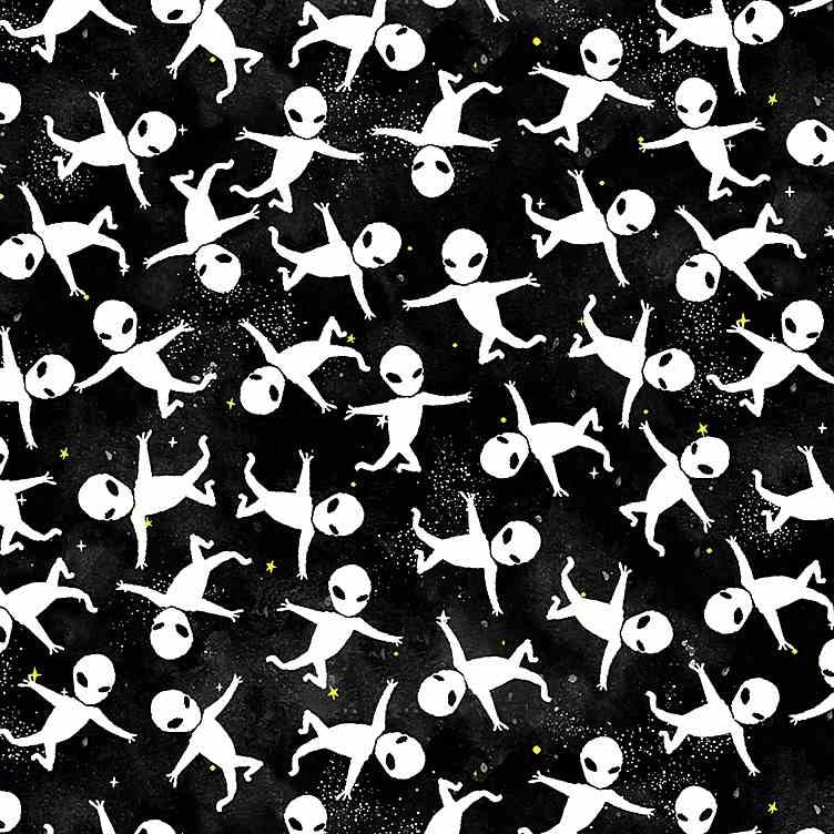 Aliens in Space glow-in-the-dark cotton fabric by Timeless Treasures – astronaut and alien motif on dark background