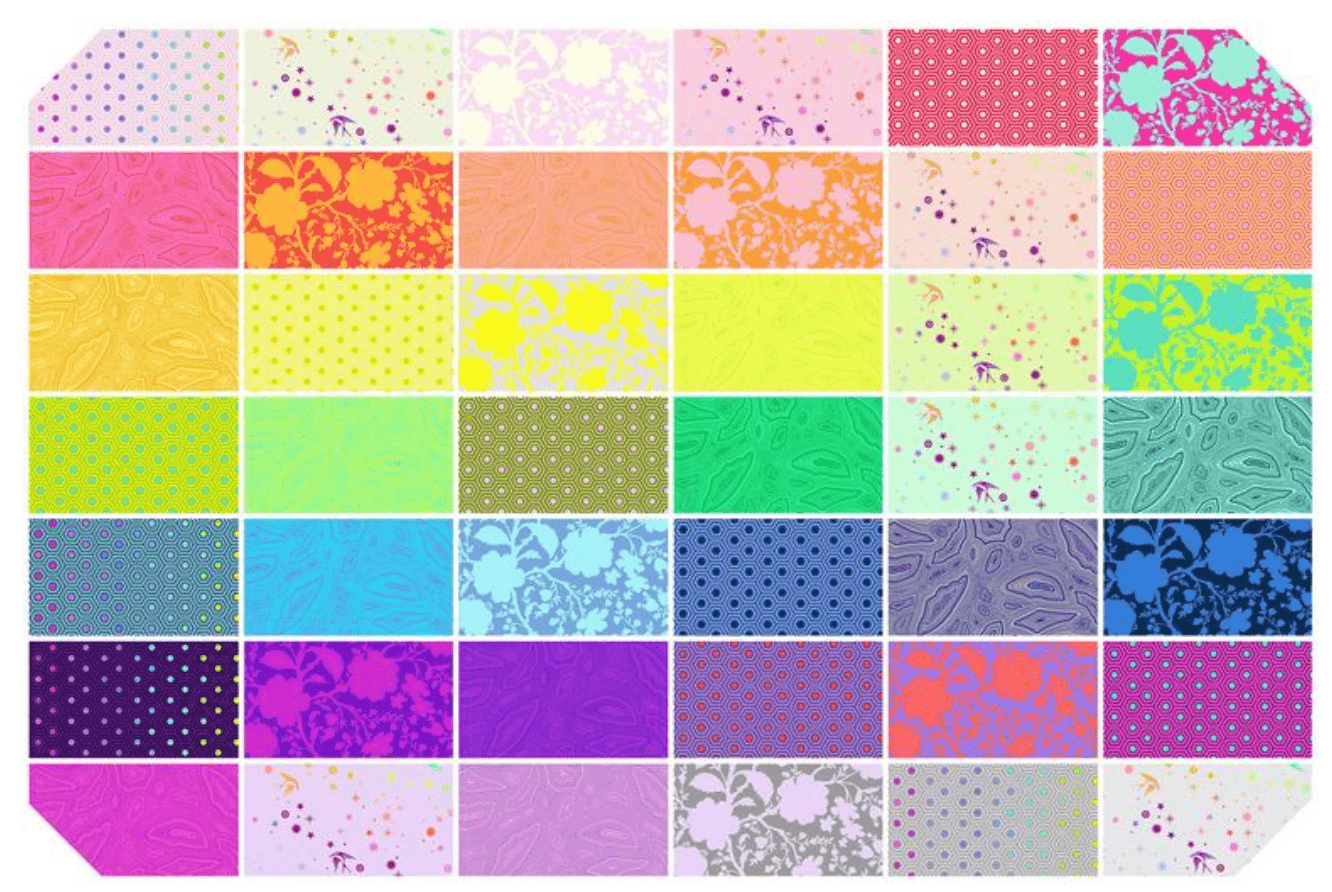 Tula’s True Colors Design Roll by Tula Pink with 40 colorful 2.5-inch fabric strips in vibrant prints.