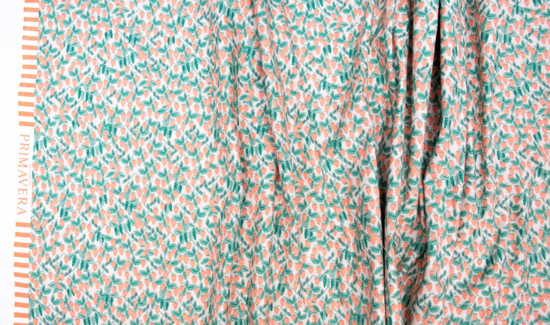 Strawberries Blush fabric – pink cotton with red strawberries by Rifle Paper Co. for Cotton + Steel.