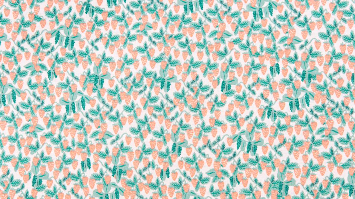 Strawberries Blush fabric – pink cotton with red strawberries by Rifle Paper Co. for Cotton + Steel.