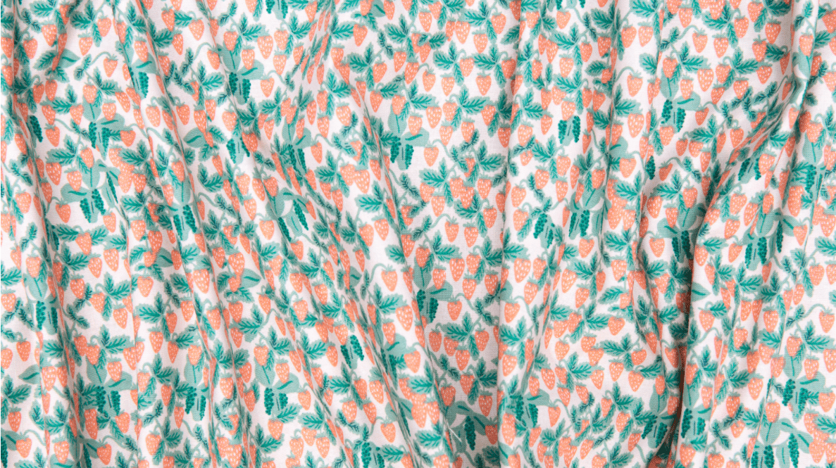 Strawberries Blush fabric – pink cotton with red strawberries by Rifle Paper Co. for Cotton + Steel.