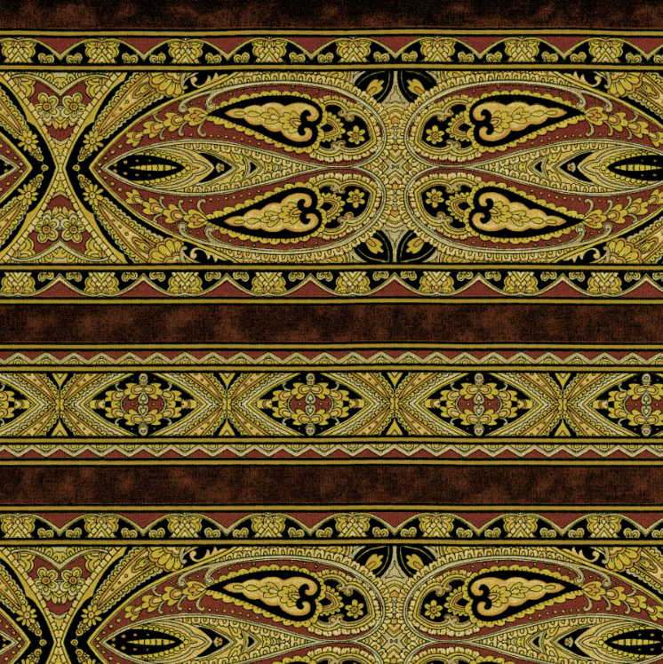 Casablanca - Border Brown fabric by Jinny Beyer for RJR Fabrics with ornate brown and gold symmetrical border design on 100% cotton.