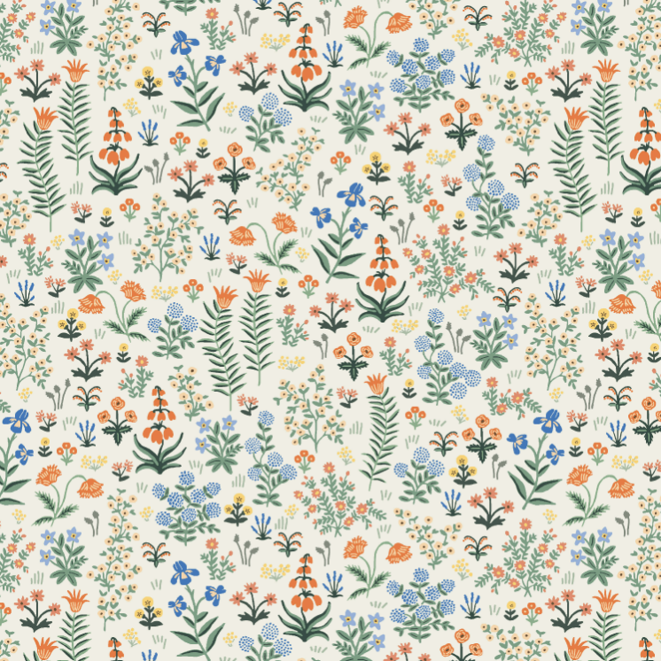 Camont Menagerie Garden Cream quilting cotton by Rifle Paper Co. for Cotton + Steel has flowers and fern like leaves on a cream background.