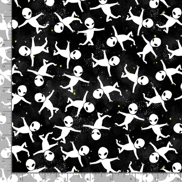 Aliens in Space glow-in-the-dark cotton fabric by Timeless Treasures – astronaut and alien motif on dark background