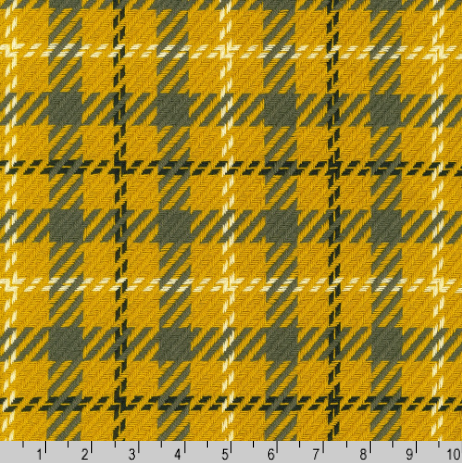 Close-up of Loomcraft Plaid Mustard fabric by Robert Kaufman – 100% cotton, heavyweight woven plaid in warm yellow tones, ideal for quilting or crafts.