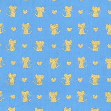 Fat Quarter - Glitter Critters - Nice Mice Cornflower/Gold Glitter