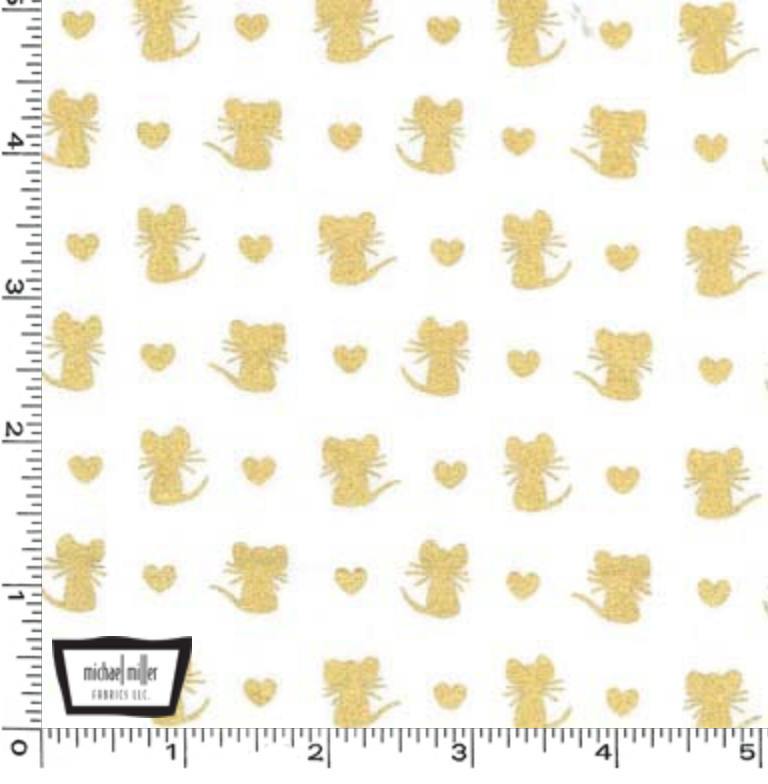 Fat Quarter - Glitter Critters - Nice Mice White/Gold Glitter