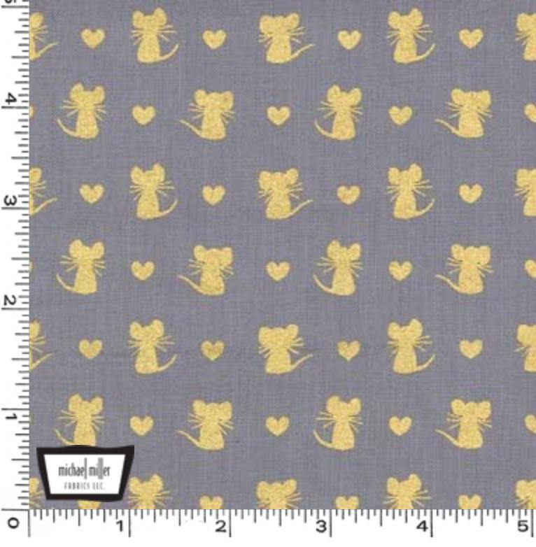 Glitter Critters Nice Mice on Pewter with Gold Glitter by Michael Miller Fabrics – whimsical 100% cotton quilting fabric.