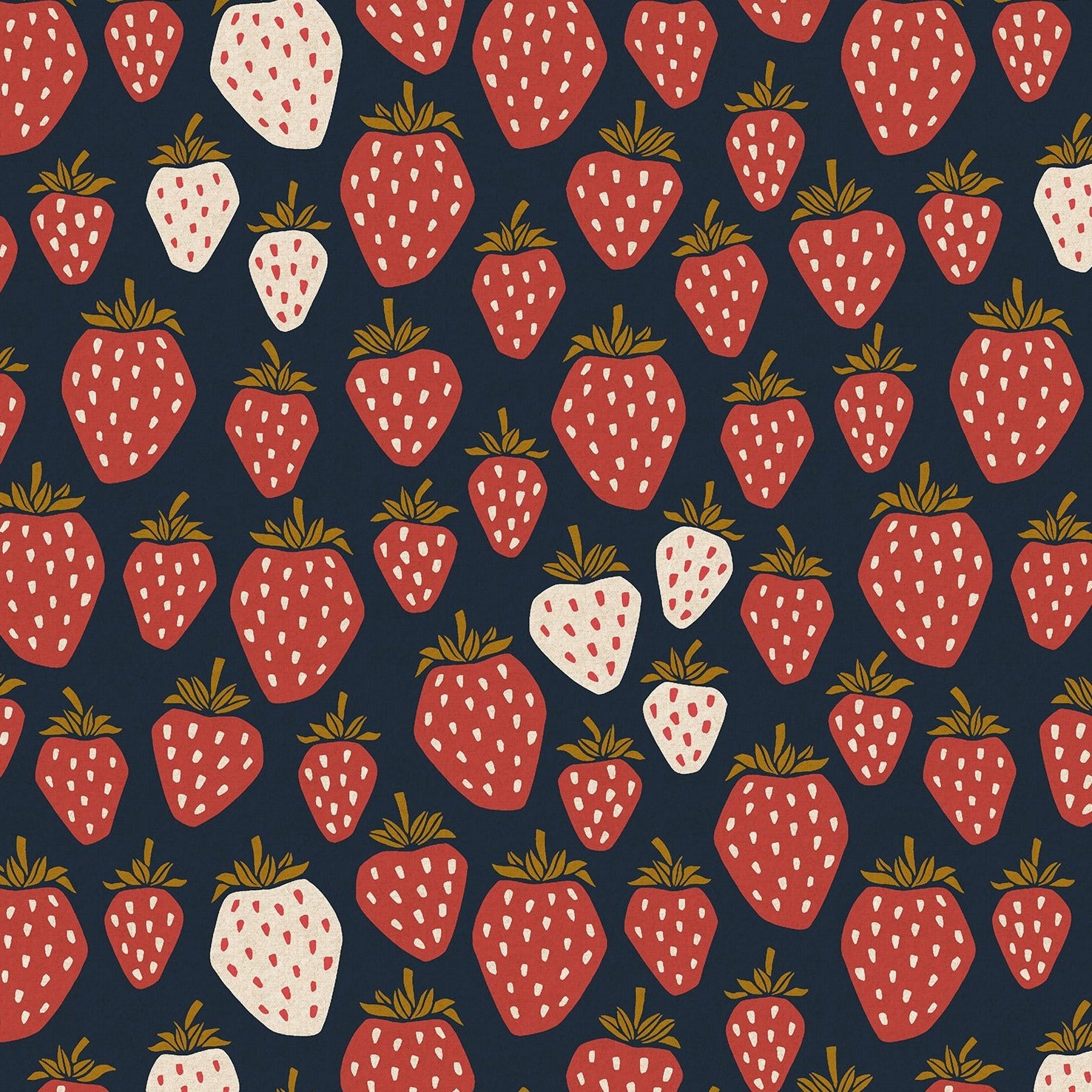 Under the Apple Tree Queen of Berries Starry Night Unbleached Canvas Fabric by Loes Van Oosten for Cotton + Steel featuring red and cream strawberries on navy background.