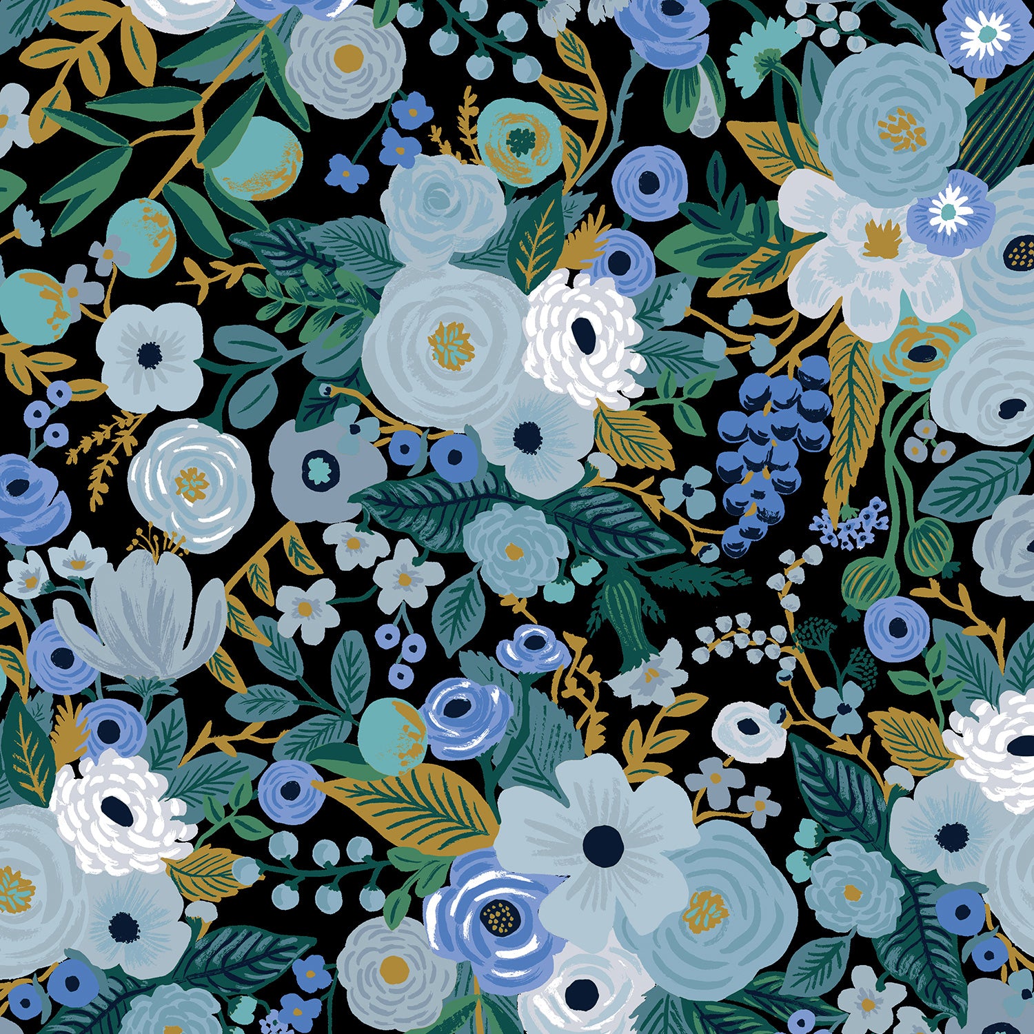 Wildwood – Garden Party Blue Fabric by Rifle Paper Co. for Cotton + Steel – botanical blue floral cotton print.
